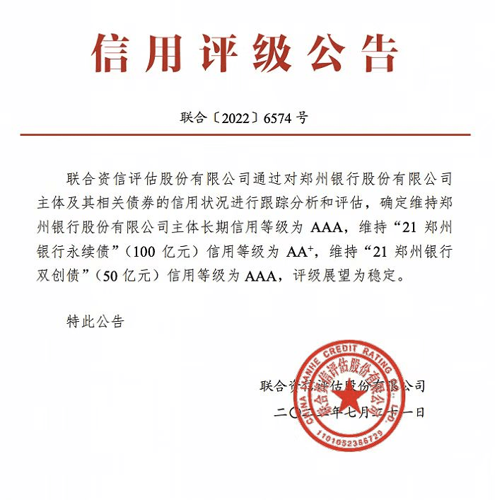 郑州银行主体长期信用等级维持AAA!