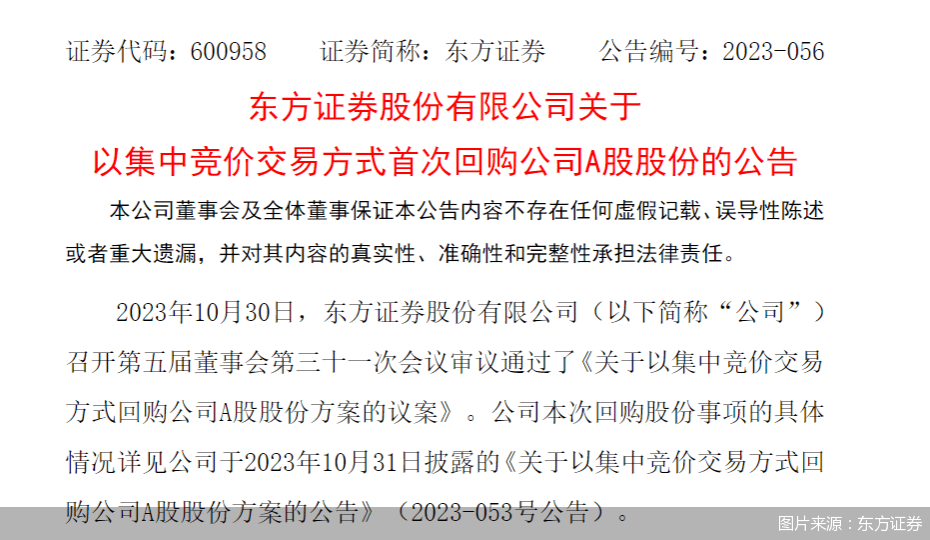 东方证券：以集中竞价交易方式首次回购A股股份959.61万股