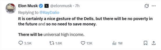 马斯克：AI将创造“全民高收入” 存钱将变得不再必要！